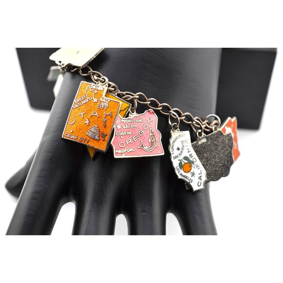 Vintage Enameled US States Charm Sterling Silver Bracelet - Picture 1 of 3